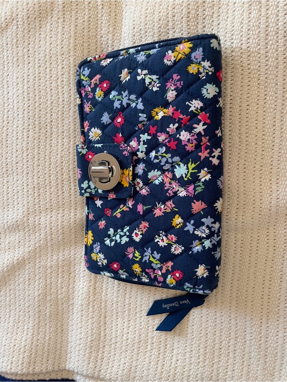 Vera Bradley Navy Quilted Floral Zip Wallet with Turn-Lock